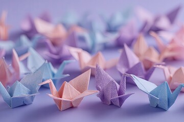 Pastel origami cranes on purple background