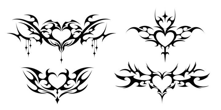 Gothic heart frame designs with tribal wings - black ornamental silhouettes for tattoo art, decorative borders with spiky elements, dark romantic vector graphics for mystical themed projects.