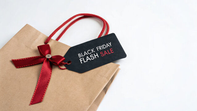 Black Friday shopping bag with red ribbon and tag showing flash sale offer on white background for promotional discount event excitement