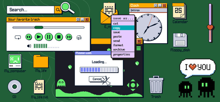 Fototapeta Retro y2k computer desktop interface - nostalgic internet windows of music player, clock widget, loading bars and pixelated icons for vintage web aesthetic, digital collage and millennium era design