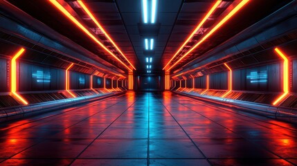 Futuristic spaceship corridor, neon lights, reflective floor, technology background, sci-fi setting
