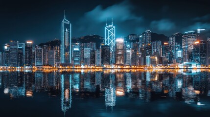 Fototapeta premium Hong Kong cityscape at night, reflections, vibrant lights. Possible use stock photo