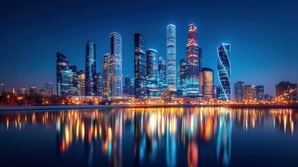 Fototapeta premium Night cityscape reflecting on water, modern architecture, vibrant lights. Possible use Stock photo for city, urban, architecture, night, travel, and commercial purposes