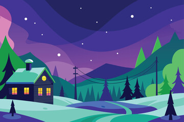 Fototapeta premium Winter Night Cabin and Forest with Aurora