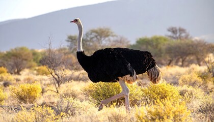 Naklejka premium A lone ostrich strides through sunlit, shrub-filled savanna