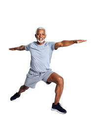 Fototapeta premium Senior man doing warrior pose on transparent background