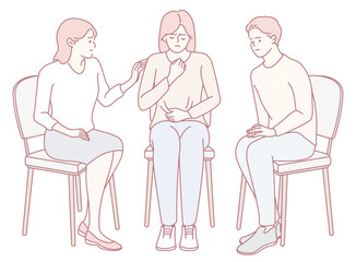 An illustration that depicts a counseling session involving three individuals who are engaged in deep conversation