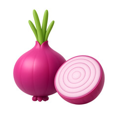 3D red onion, whole and sliced vegetable with green stalks, isolated on transparent background