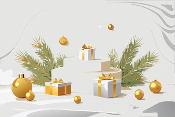 Golden Gift Boxes and Fir Branches on White