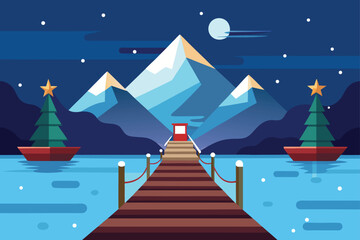 Pier with Mountains and Moonlit Lake