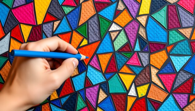 a hand pointing at a colorful stained glass pattern, hyper-realistic, highly detailed, vivid colors, intricate geometric shapes, glass texture, stunning composition, masterful craftsmanship
