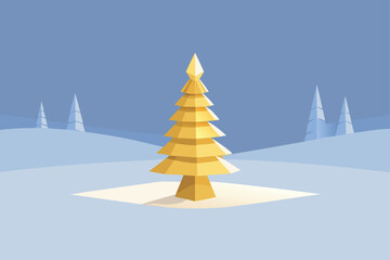 Minimal Golden Tree on Snowy Landscape
