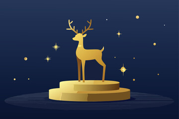 Golden Reindeer on Pedestal Night Scene