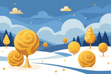 Rolling Snow Hills with Golden Ornaments