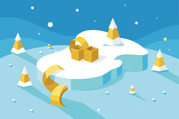 Frozen River with Gifts and Snowy Hills