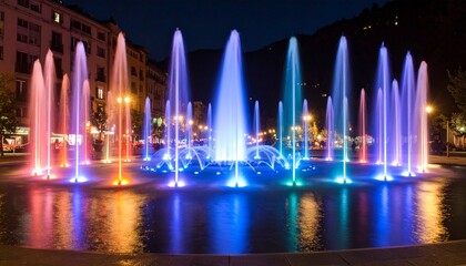 A spectacular night view of a large city fountain with colorful illumination. The vibrant, multi-colored lights are reflected in the water of the urban plaza.