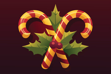 Candy Canes and Holly on Red Background