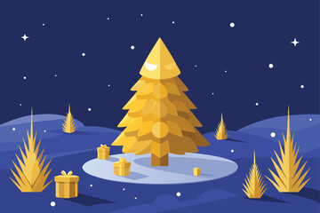 Golden Christmas Tree on Snowy Hills with Gifts