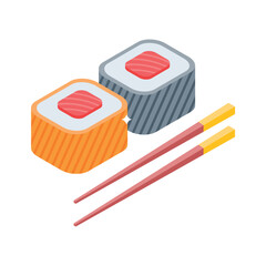 Well designed isometric icon of fresh sushi rolls with chopsticks