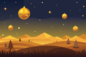  Golden Baubles on Starry Night Desert Background