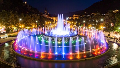 Mesmerizing spectacle of a large circular water fountain illuminated with vibrant rainbow colors at night in an urban park.