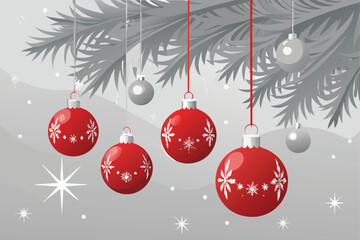 Red and Silver Baubles Hanging on Pine Branch