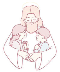 This illustration shows Jesus lovingly embracing two children, symbolizing his deep love and protection for all