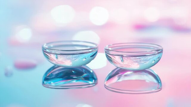 Two transparent contact lenses on reflective surface with blurred pink and blue background