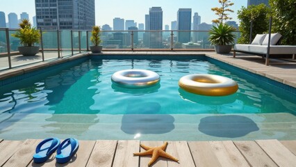 Obraz premium Luxury Rooftop Pool with Inflatable Rings, City View, Summer Relaxation