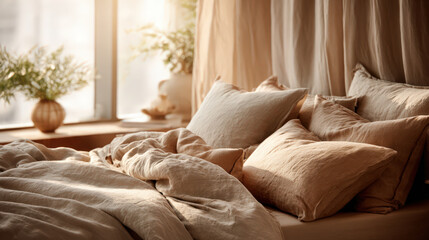 Cozy bedroom featuring a rustic design, soft linen bedding, and warm sunlight filtering through.