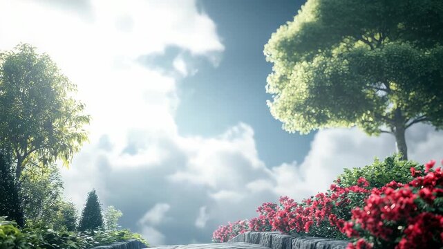 Serene cobblestone path surrounded by vibrant garden blooms under bright sky