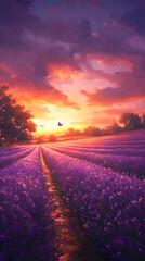 Lavender Field at Sunset: Birds, Butterfly, and Golden Light