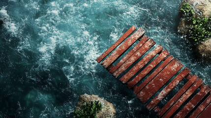 Wooden dock over rushing water rocks and plants