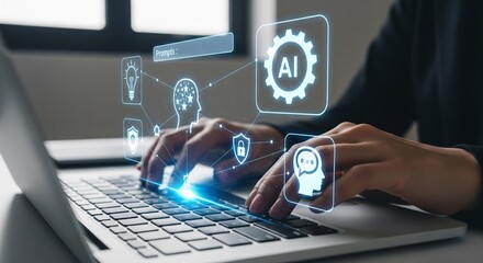 AI Driven Innovation: A close-up shot of a person's hands diligently typing on a laptop, illuminating the seamless integration of artificial intelligence and innovation in the digital realm.