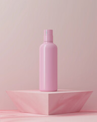 pink cosmetic bottles, Minimalist skincare bottle packaging mockup, standing on soft pastel background, suitable for beauty brands.