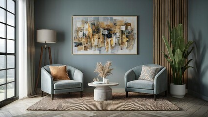 Elegant living room with two plush chairs and abstract art