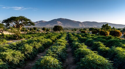 Fototapeta premium Lush green rows of plants stretch across a rural landscape.