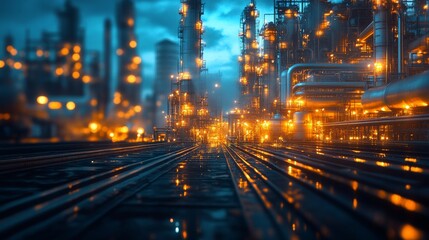 Fototapeta premium Industrial complex illuminated at night showcasing vibrant lights and structures, highlighting modern engineering achievements