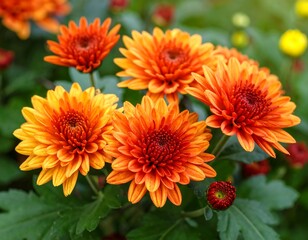 Cluster of vibrant orange-yellow chrysanthemum flowers