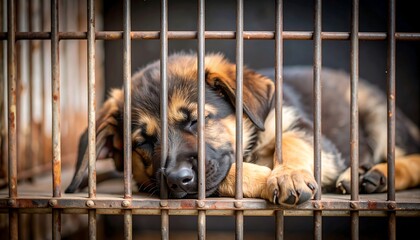 A small, sleeping puppy is confined within a rusty metal cage
