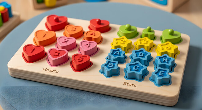 Colorful Learning Game Featuring Numbered Hearts, Geometric Shapes, and Lettered Stars on Wooden