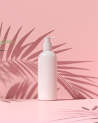 Minimalist skincare bottle packaging mockup, standing on soft pastel background, suitable for beauty brands.