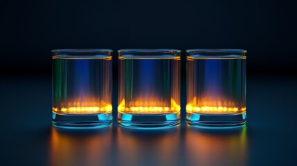 Brightly colored glasses of liquid illuminated against a dark backdrop create a captivating visual effect at night