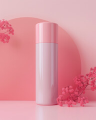 pink cosmetic cream and pink rose, Minimalist skincare bottle packaging mockup, standing on soft pastel background, suitable for beauty brands.