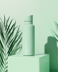 Minimalist skincare bottle packaging mockup, standing on soft pastel background, suitable for beauty brands. green pastel bottle.