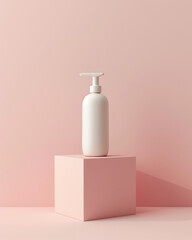 Minimalist skincare bottle packaging mockup, standing on soft pastel background, suitable for beauty brands.