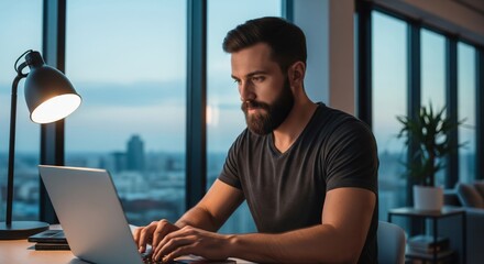 Focused Professional Working: A focused individual diligently works on a laptop near a window, bathed in natural light. 