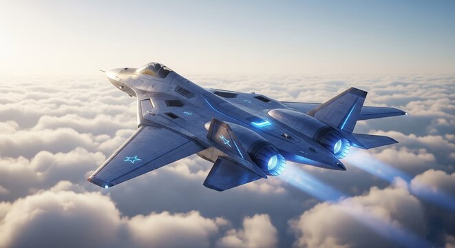 Soaring Sentinel: A sleek, modern jet fighter streaks through the clouds, embodying speed and power as it cuts across the open sky.