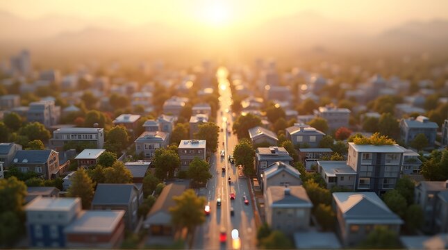 Golden Hour Over Suburban Neighborhood Street