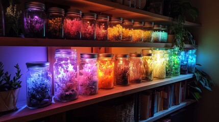 Brightly colored jars filled with delicate flowers and illuminated by vibrant lights create a cozy atmosphere in a modern space